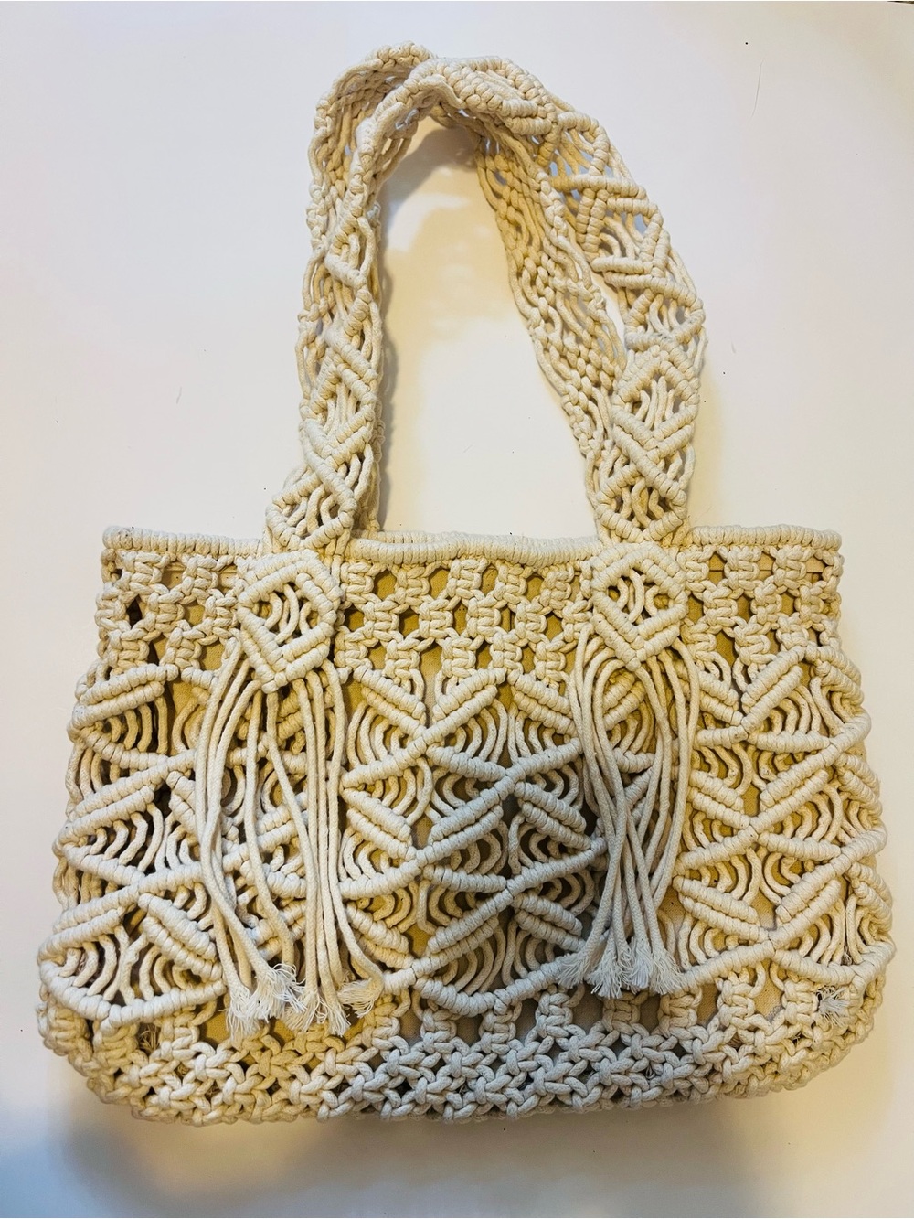 Ana Macramé Cream Shoulder Bag with Tassels Womens Handbag Woven Purse